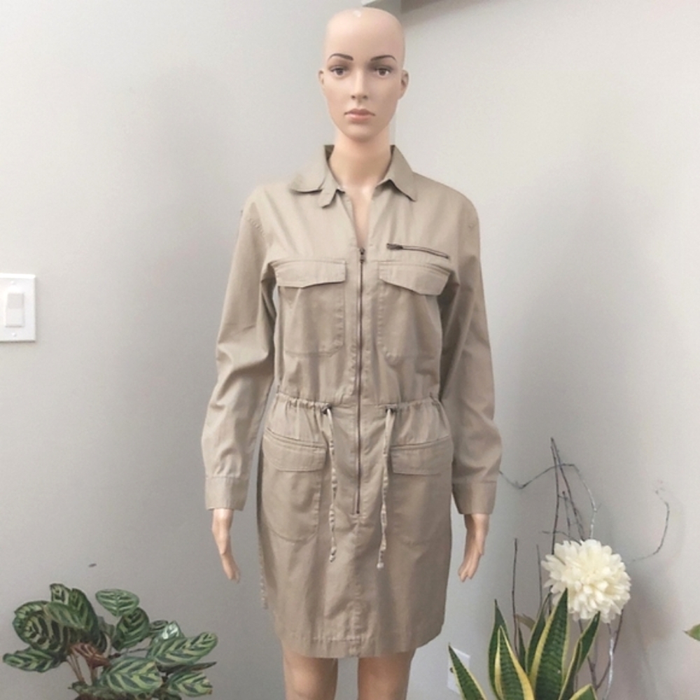 H&M women's khaki tan safari utility dress 100℅ cotton camel
